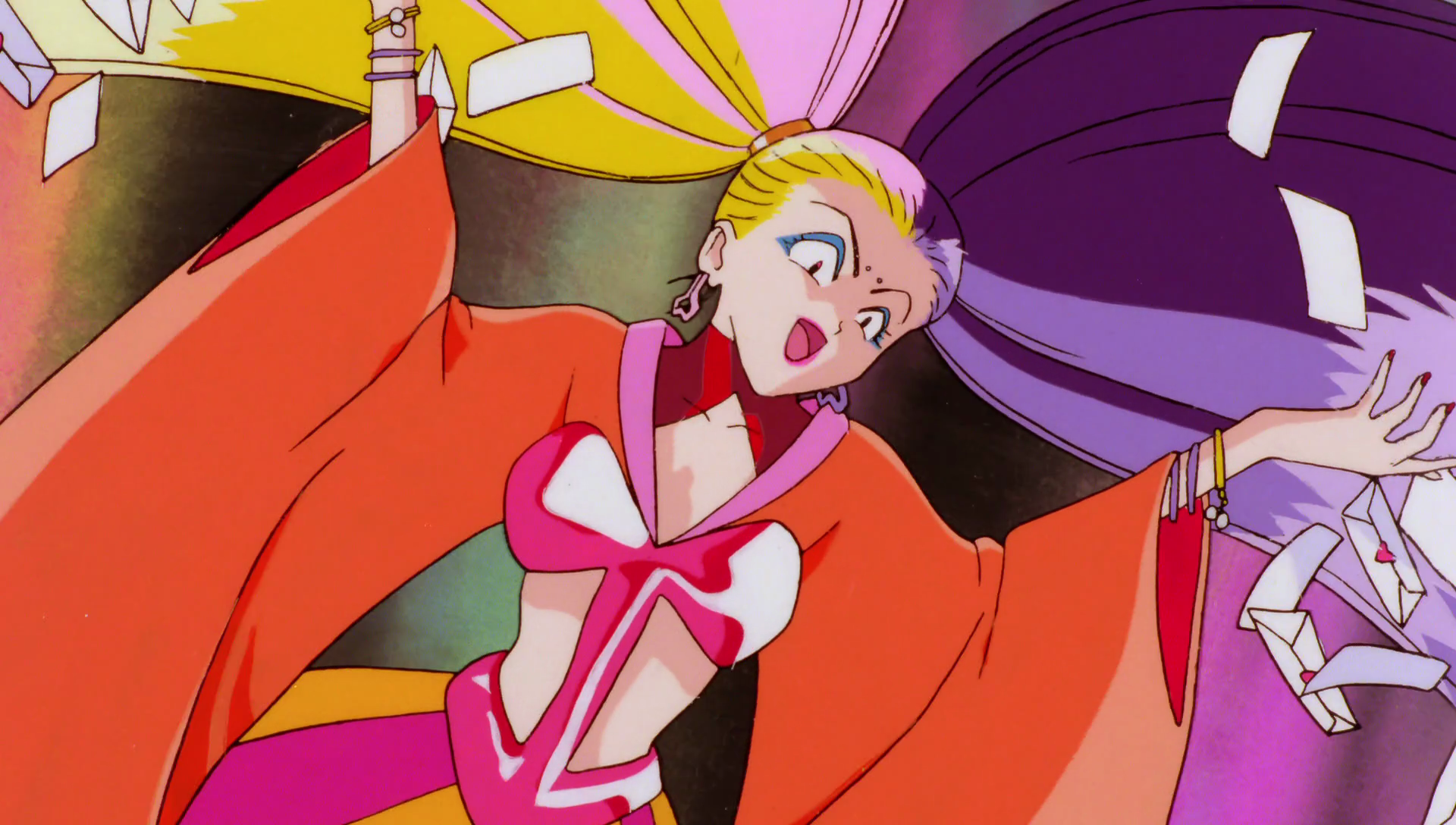 Bonnon, a Genius Loci from Sailor Moon: Ami's First Love. She has pale skin, and yellow, pink and purple hair in two huge pigtails. Her outfit is orange, pink and red, and exposes most of her midriff. She’s surrounded by a shower of love letters.